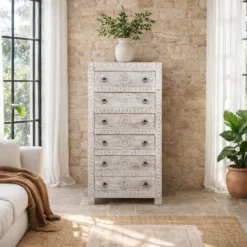 Abhi - Handgesneden Mangohouten Ladenkast Wit