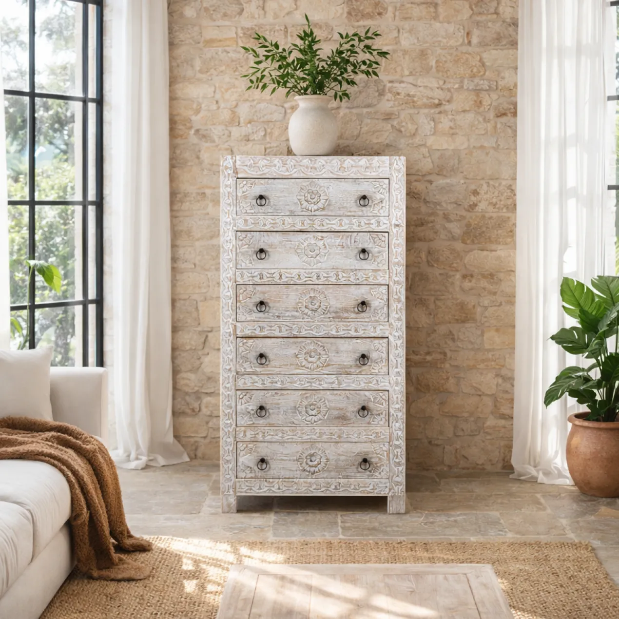 Abhi - Handgesneden Mangohouten Ladenkast Wit