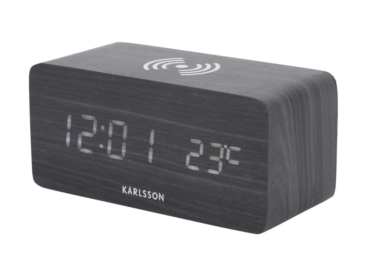 Alarm clock Block w. phone charger LED black veneer, white LED