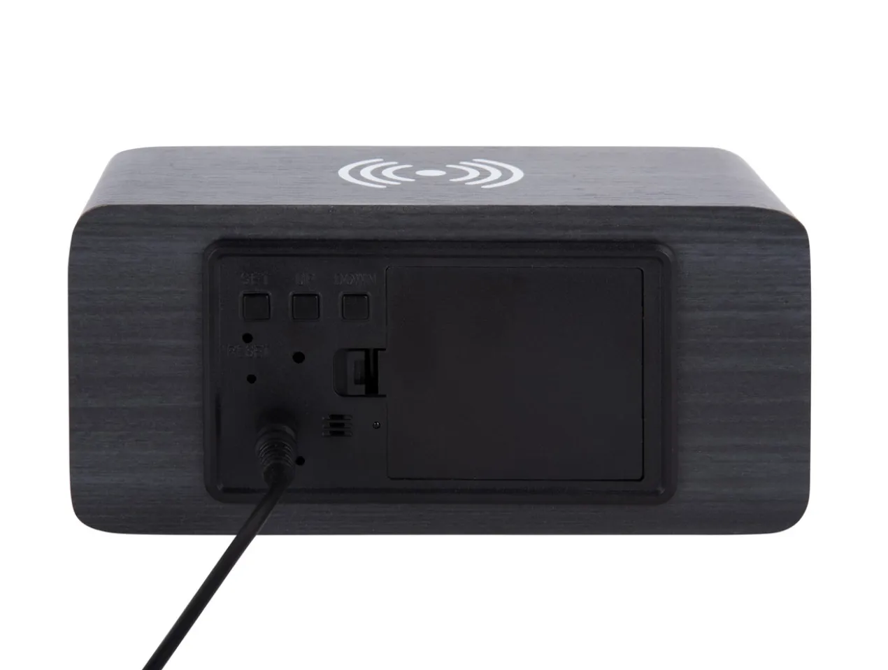 Alarm clock Block w. phone charger LED black veneer, white LED