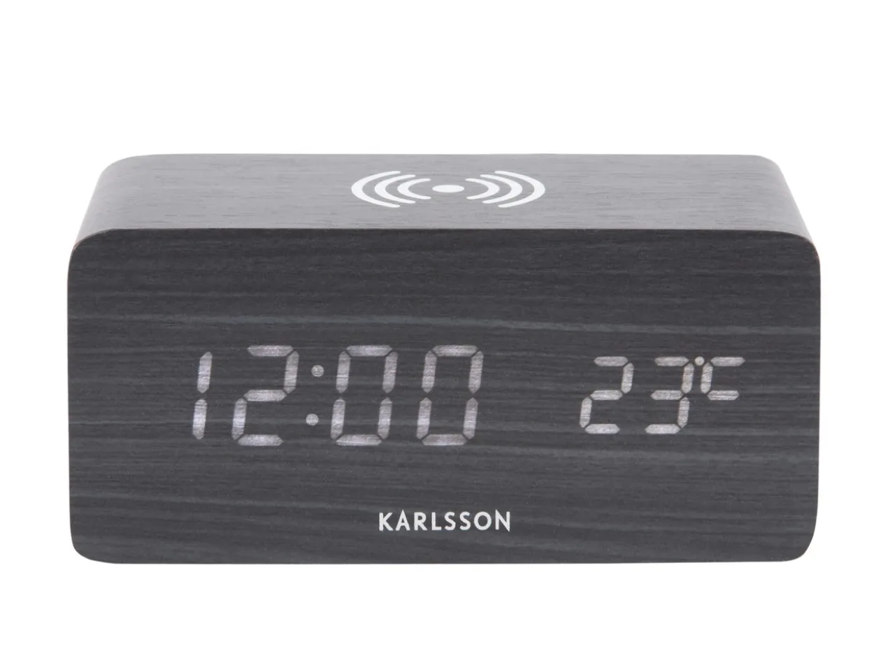 Alarm clock Block w. phone charger LED black veneer, white LED
