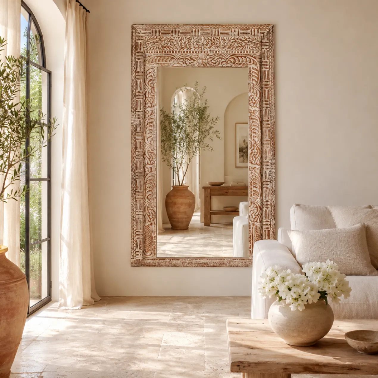 Anushara - Grote Handgesneden Wandspiegel Ibiza Stijl