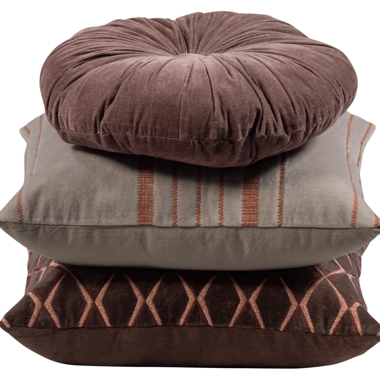 Aziz kussens velvet bruin/naturel - set van 3