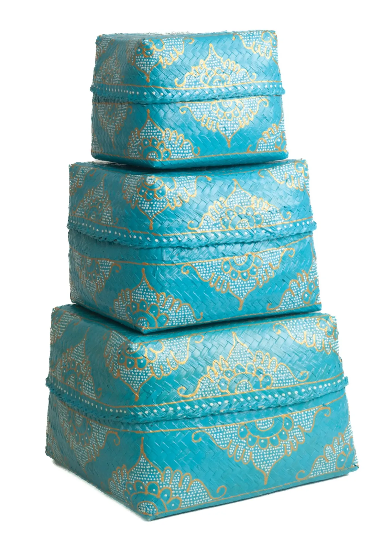 Bamboe offerdoos / offermand turquoise/goud/wit S