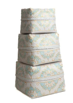 Bamboe offerdoos / offermand wit/turquoise/goud M