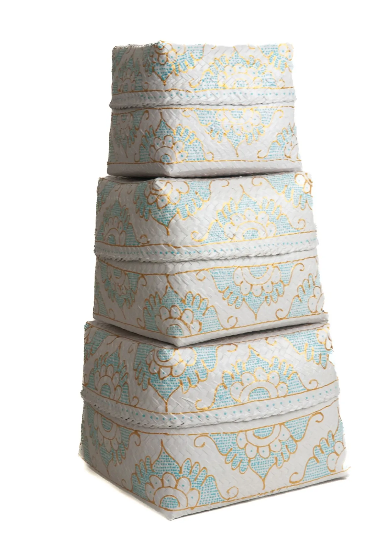 Bamboe offerdoos / offermand wit/turquoise/goud M