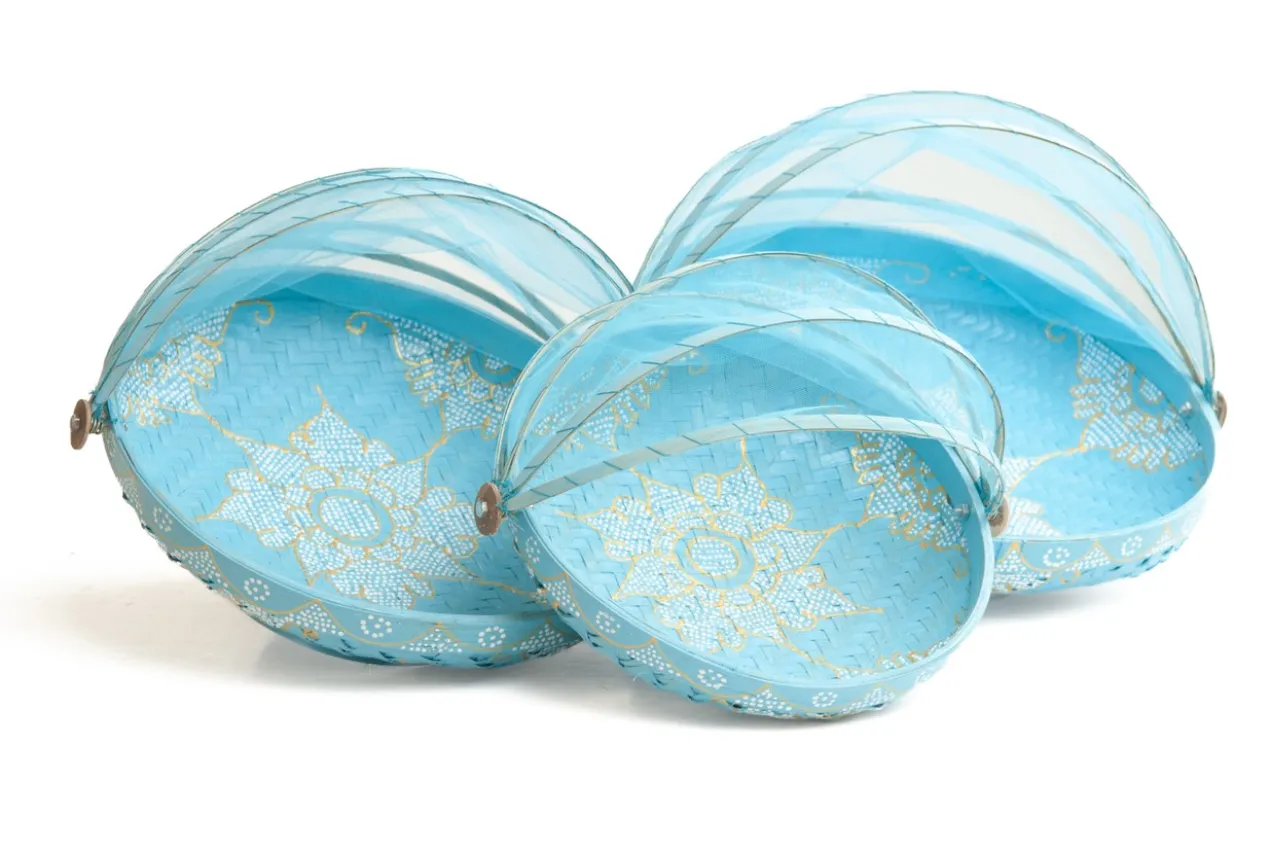 Bamboe vliegenmand - turquoise + wit/goud - Large