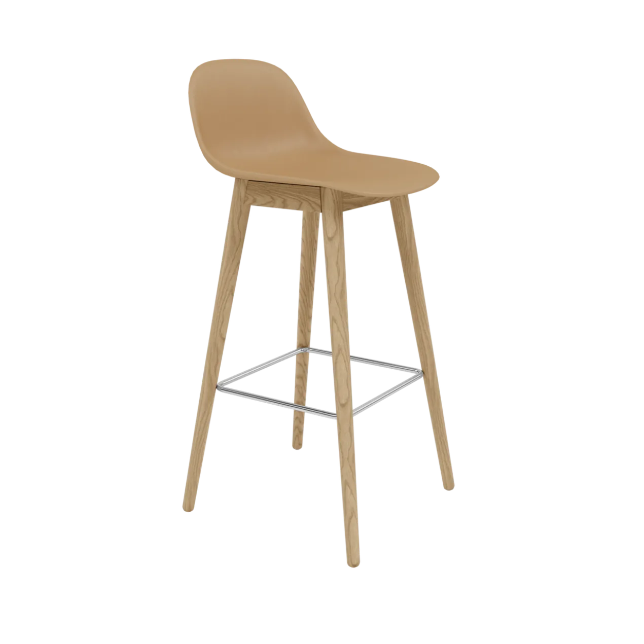 Barkruk Fiber 75 cm met rugleuning en eiken onderstel ochre