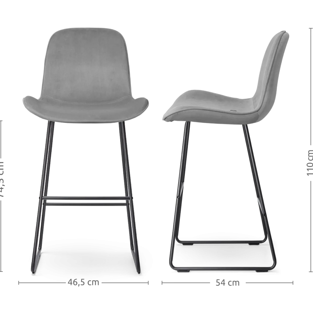 Barkruk Nino-Fé velvet grijs - zwart onderstel - 75 cm