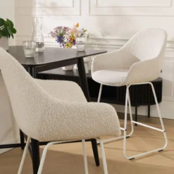 Barkruk Nino-Mae bouclé beige - wit onderstel - 65 cm