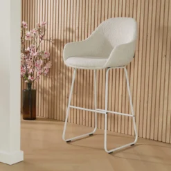 Barkruk Nino-Mae bouclé beige - wit onderstel - 65 cm