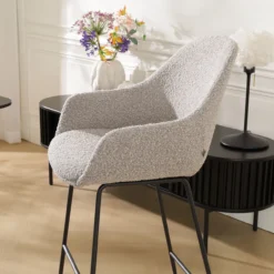 Barkruk Nino-Mae bouclé taupe - zwart onderstel - 65 cm