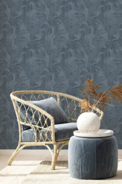 Behang Tropische bladeren blauw