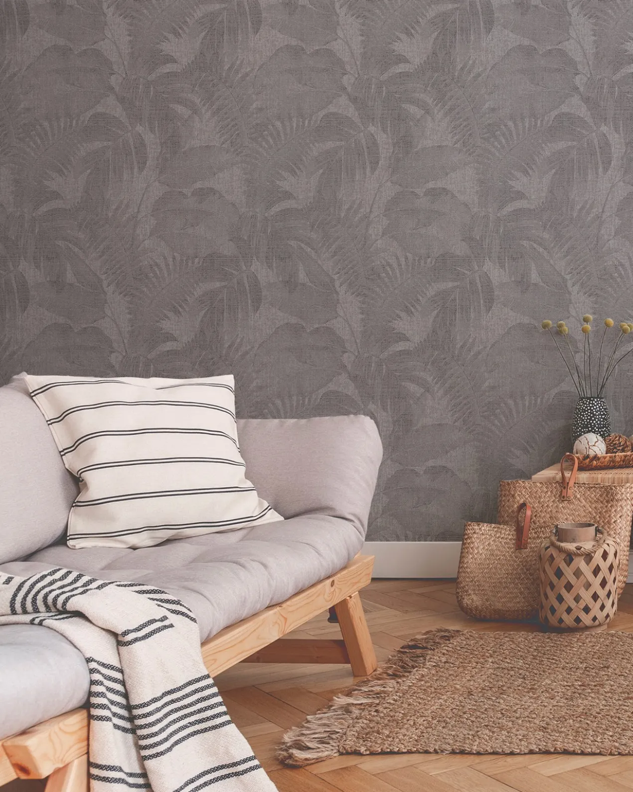Behang Tropische bladeren grijs