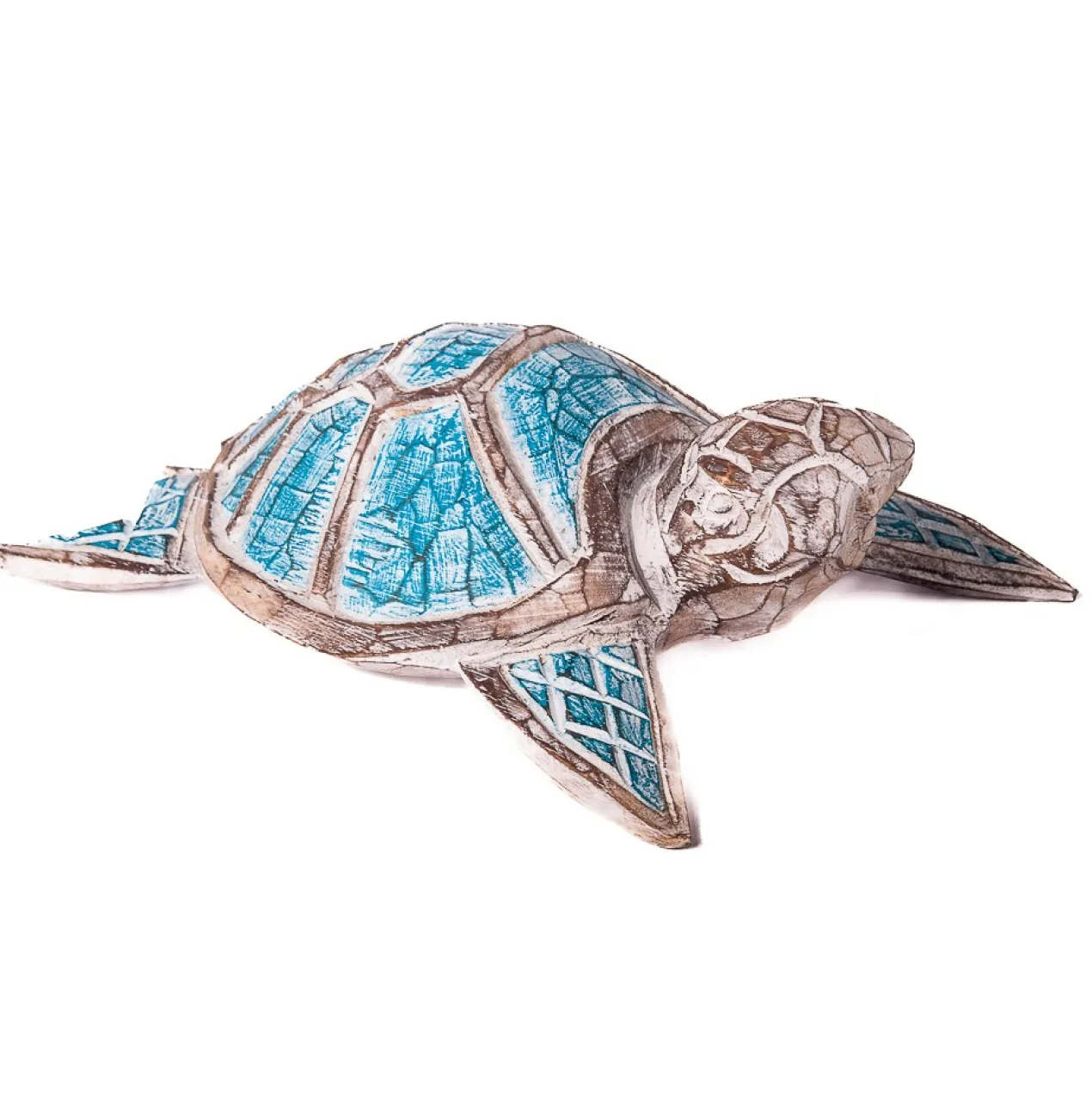 Decoratie object houten schildpad met turquoise schild