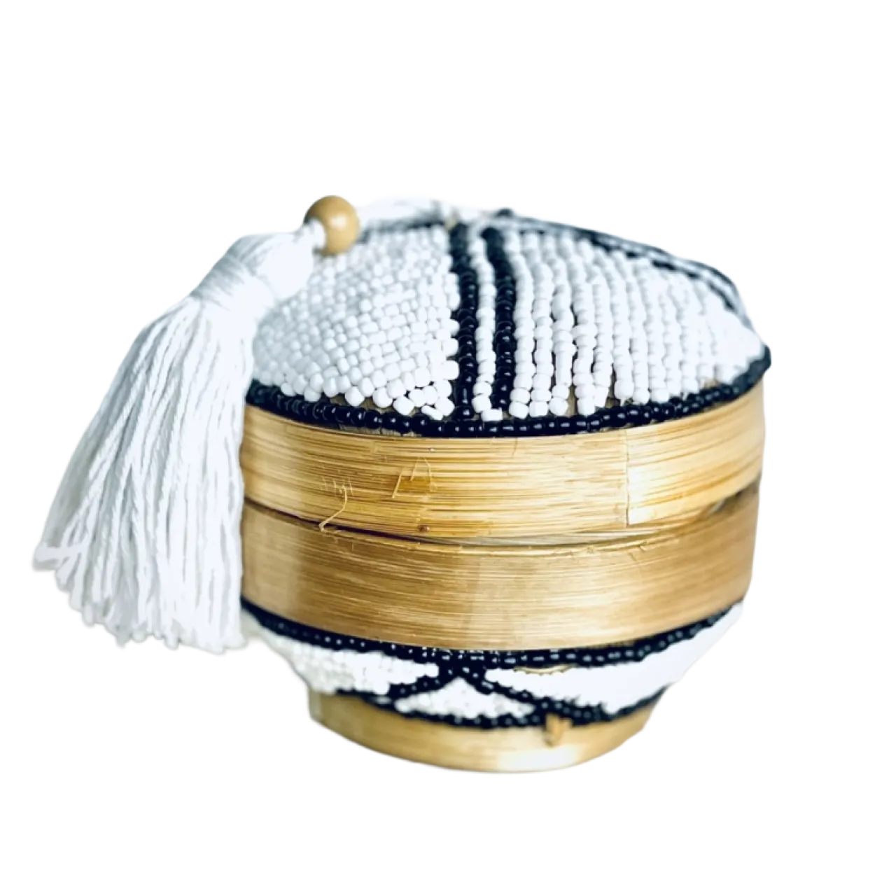Doosje Bamboe kraaltjes/kwastje wit met zwart randje