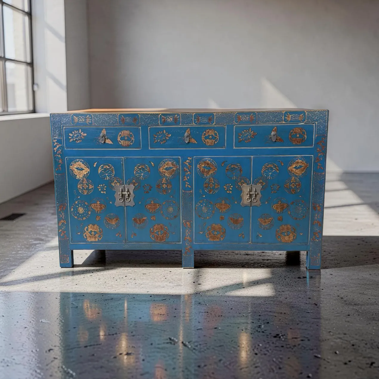 Dressoir blauw uniek mooi schilderwerk