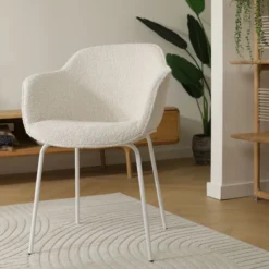 Eetkamerstoel Nora-Mare bouclé beige - wit onderstel