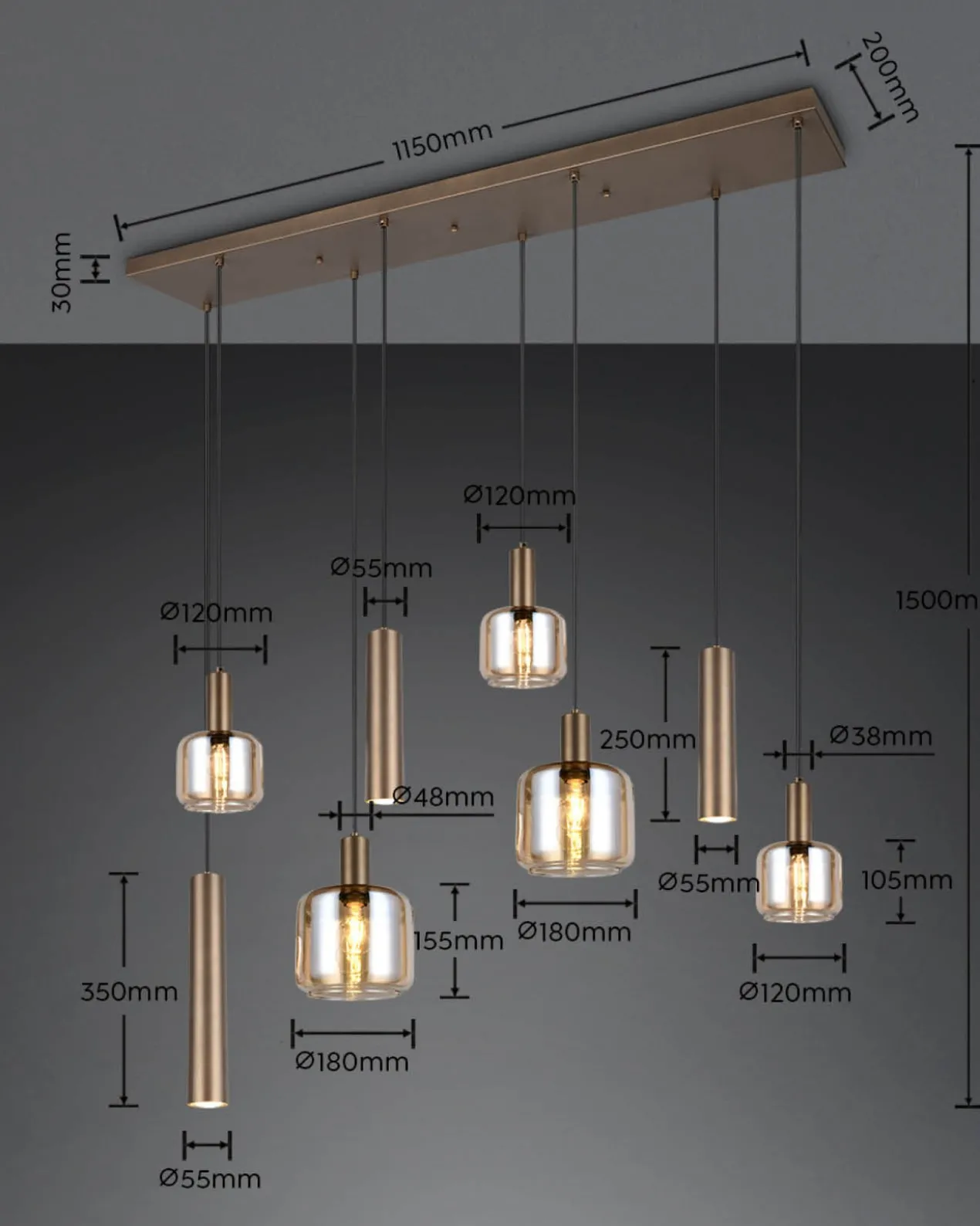 Hanglamp Lizie 8-lichts plaat brons