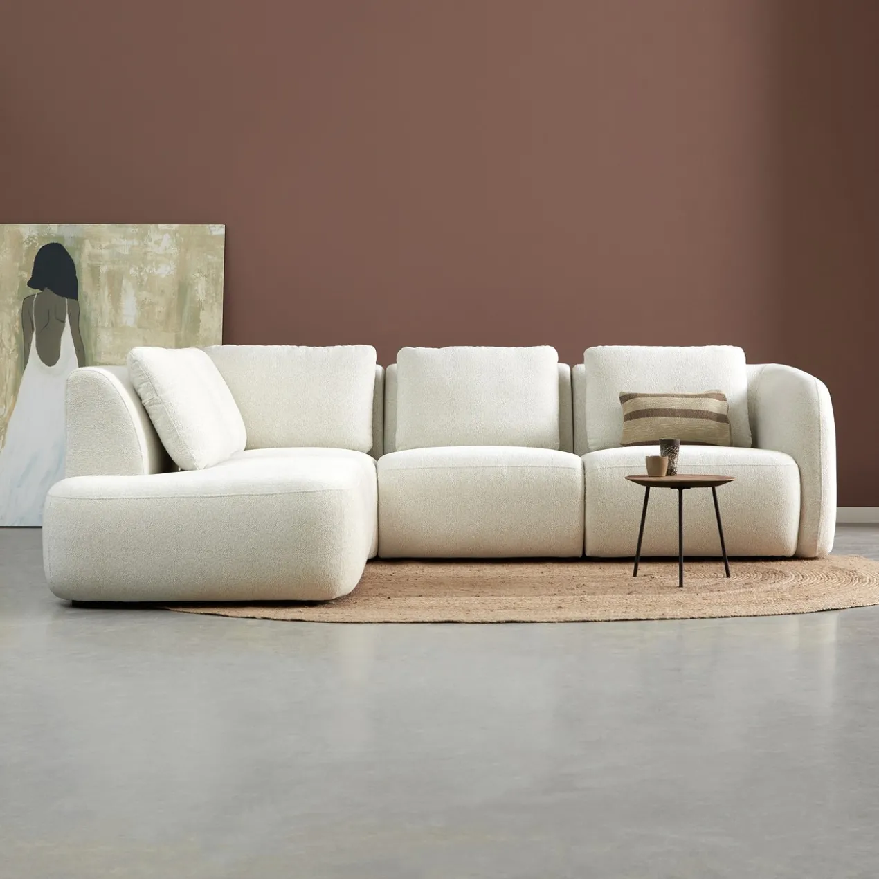 Hoekbank Liora beige ottoman links
