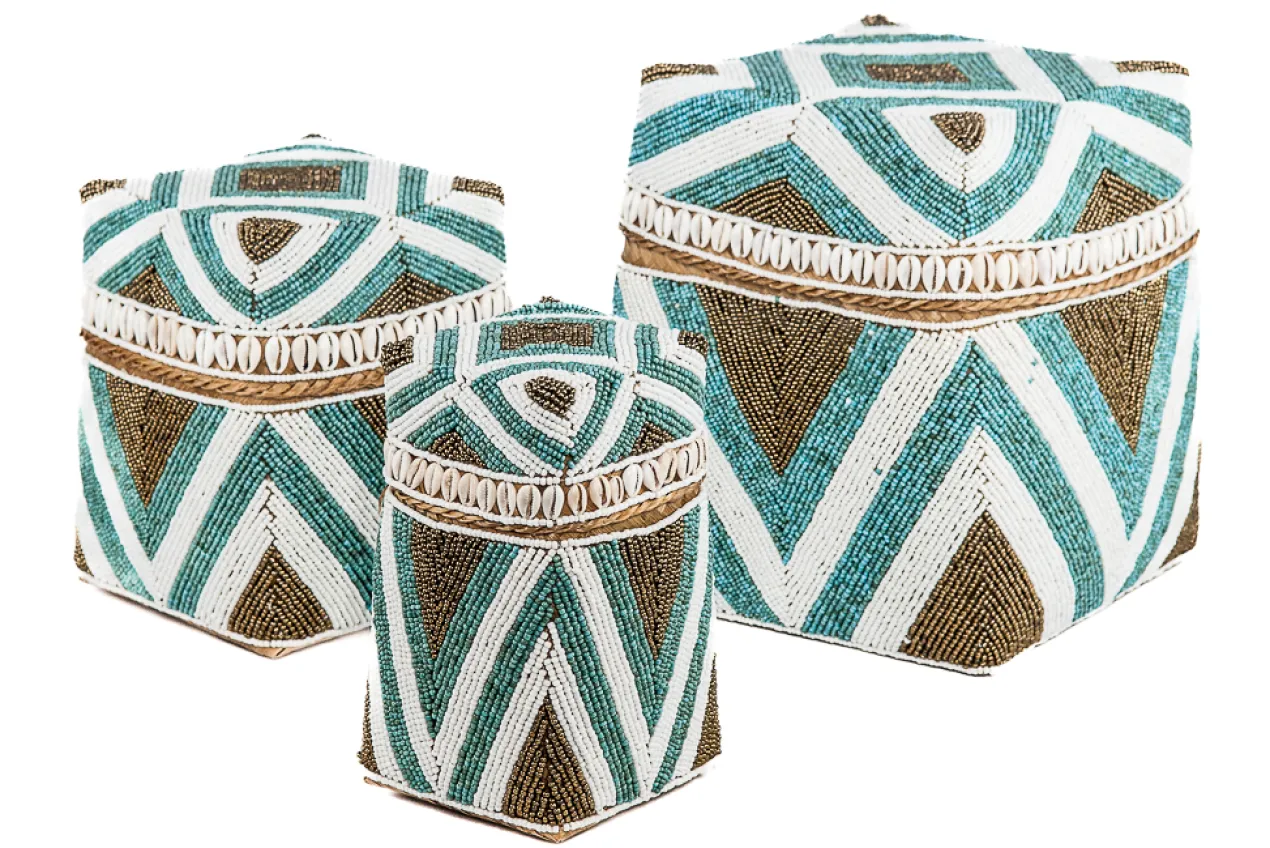 Hoge offer manden kraaltjes/schelpjes - set van 3 - turquoise/goud/wit