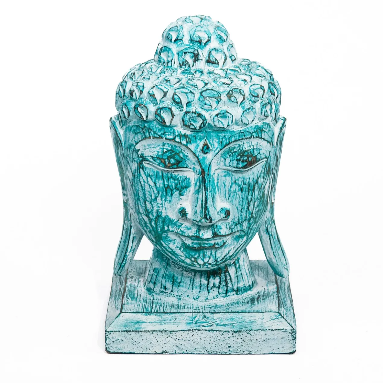 Houten beeld Buddha hoofd turquoise