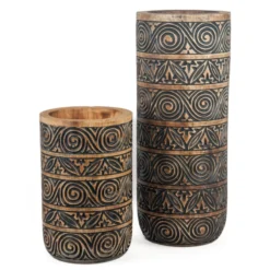 Houten handgesneden vaas Tribal natural/zwart Large