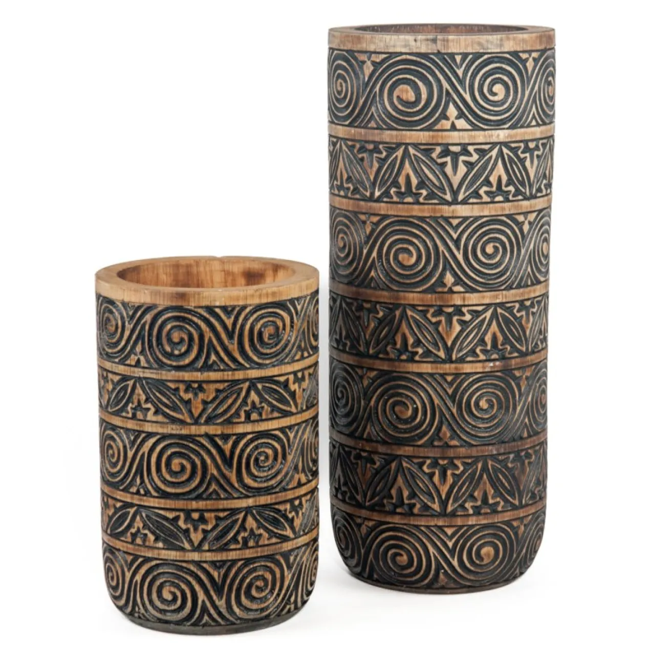 Houten handgesneden vaas Tribal natural/zwart Large