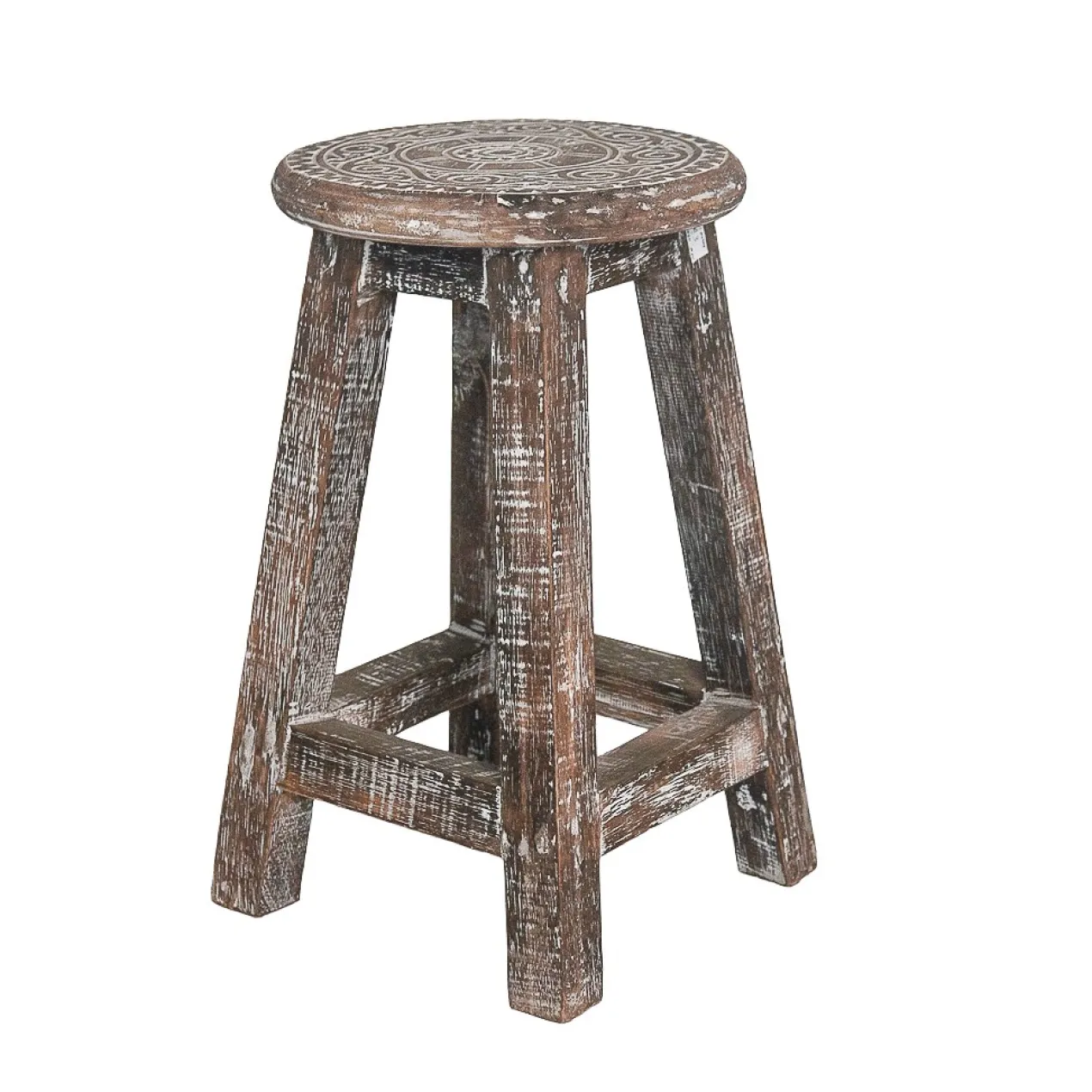 Houten krukje mandala donker natural/whitewash