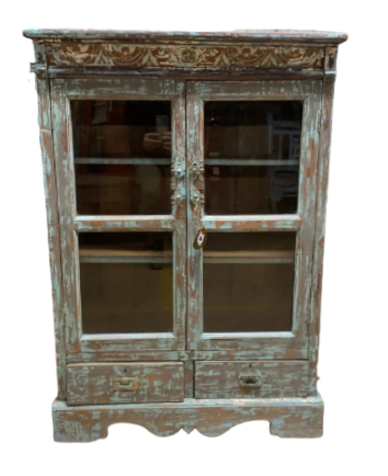 Kast glas UNIEK 2 deur en 2 lades blauw/bruin Vitrinekast Uniek blauw/bruin