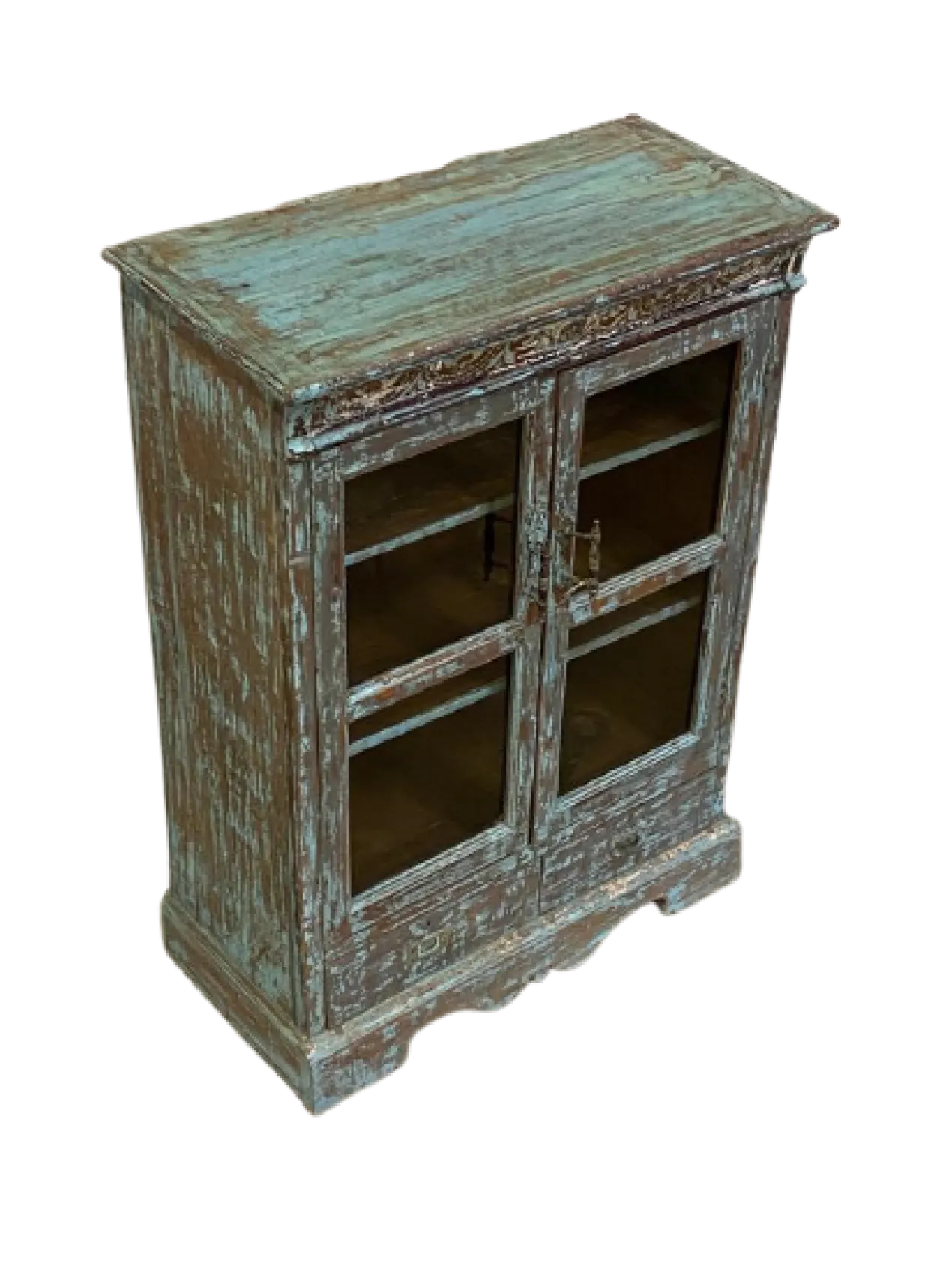 Kast glas UNIEK 2 deur en 2 lades blauw/bruin Vitrinekast Uniek blauw/bruin