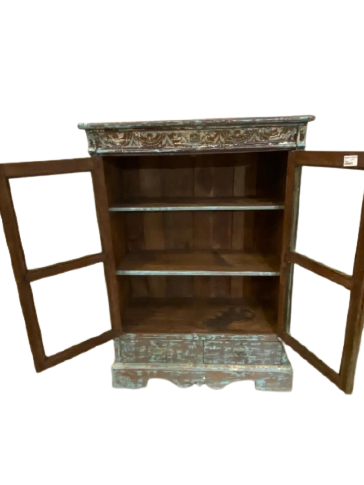 Kast glas UNIEK 2 deur en 2 lades blauw/bruin Vitrinekast Uniek blauw/bruin