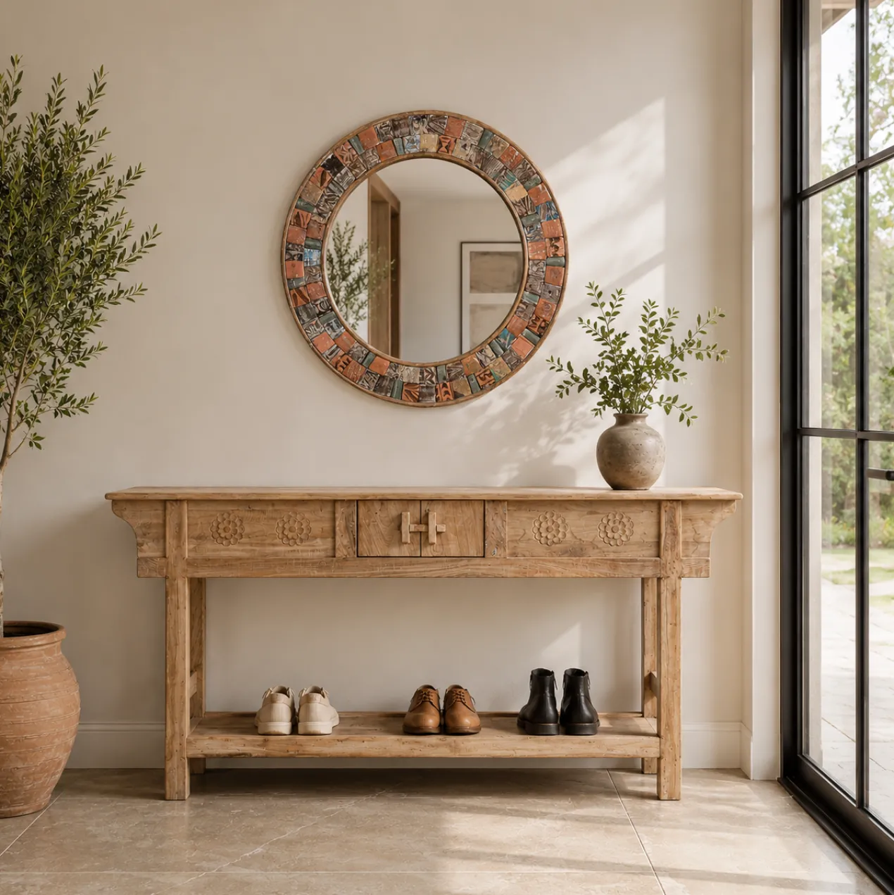 Kheer - Ronde Patchwork Spiegel in Boho Stijl