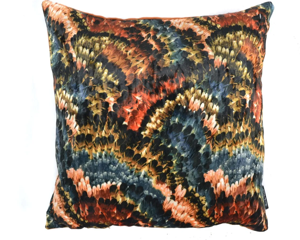 Kussen velvet pheasant oranje blauw 45 x 45 cm