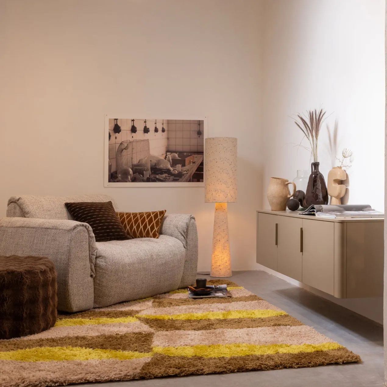 Loft vloerlamp metaal/boucle naturel met stippen 130xo30 cm