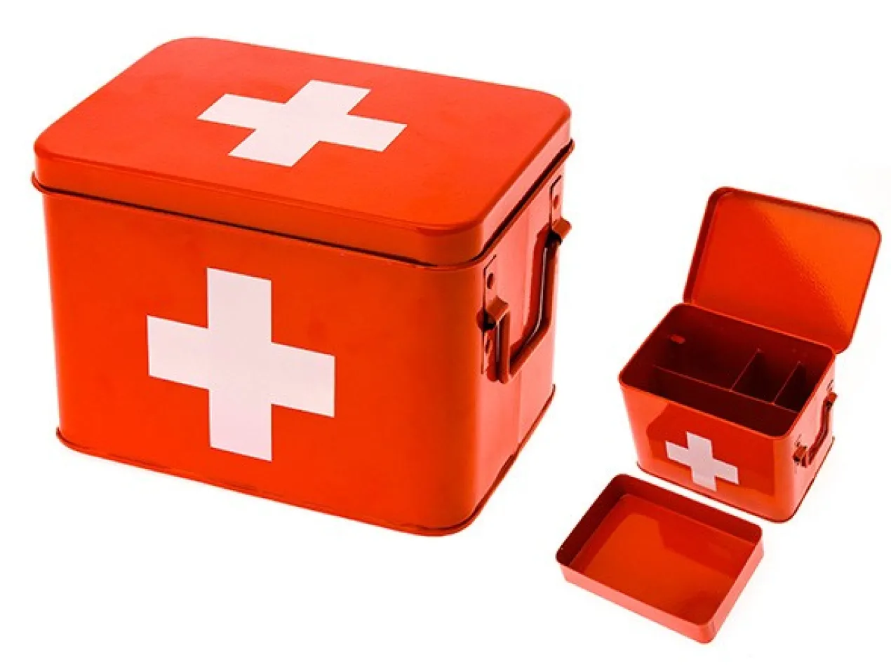 Medicine storage box metal red w. white cross