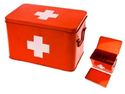 Medicine storage box metal red w. white cross