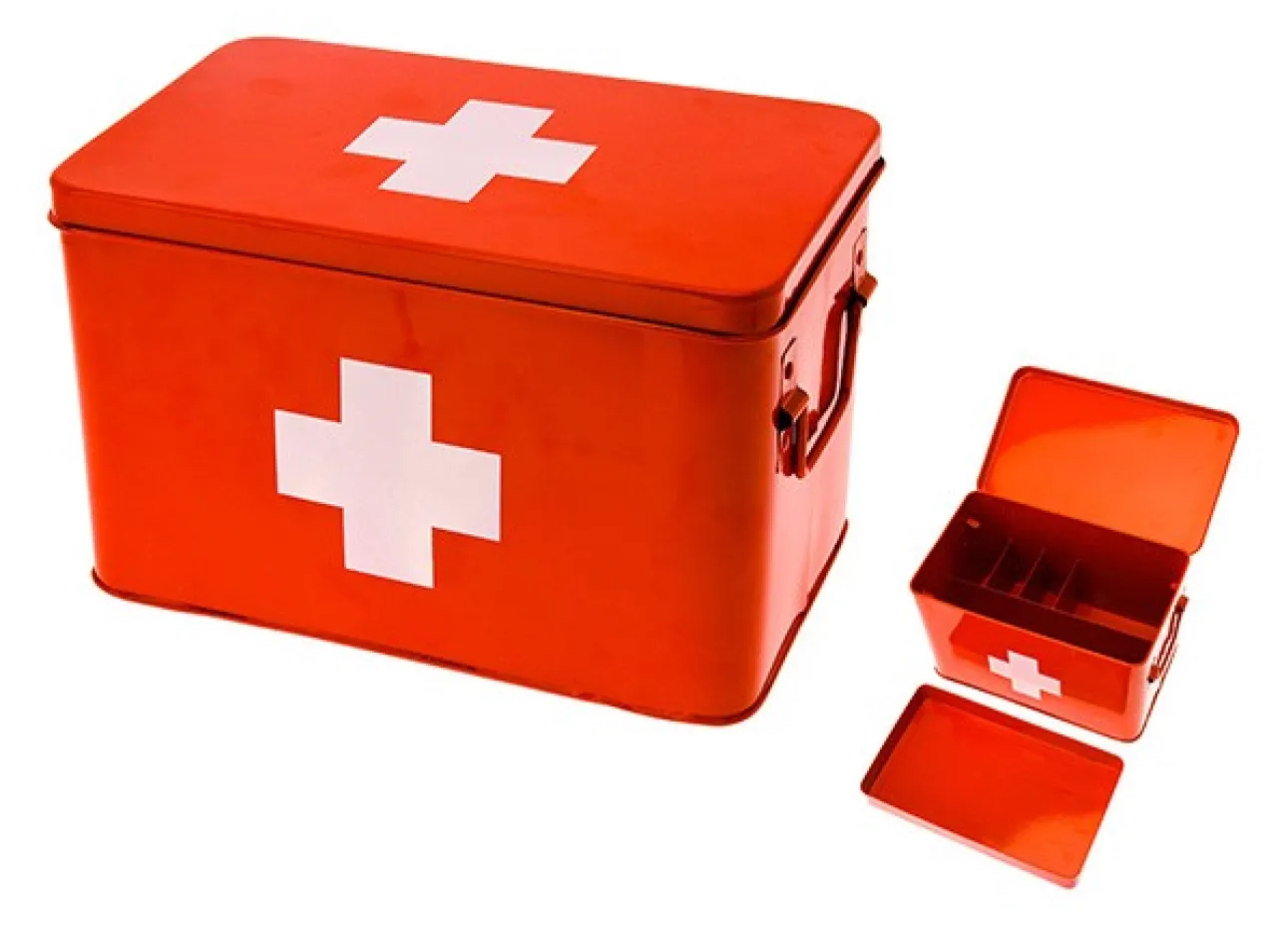 Medicine storage box metal red w. white cross