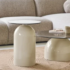Metalen bijzettafel Raiza beige met glazen blad - Ø40