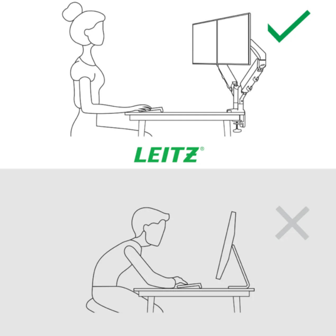 Monitorarm dubbel Ergo Ruimtebesparende lichtgrijs