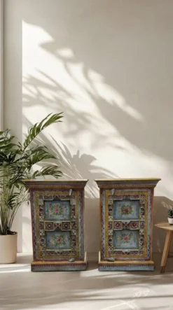 Nachtkastje beschilderd bloem - set van 2