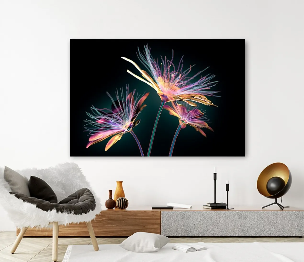 Paarse bloemen op zwart – Acrylglas 90 x 60 cm