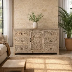 Pauri - Handgesneden Mangohouten Vintage Dressoir