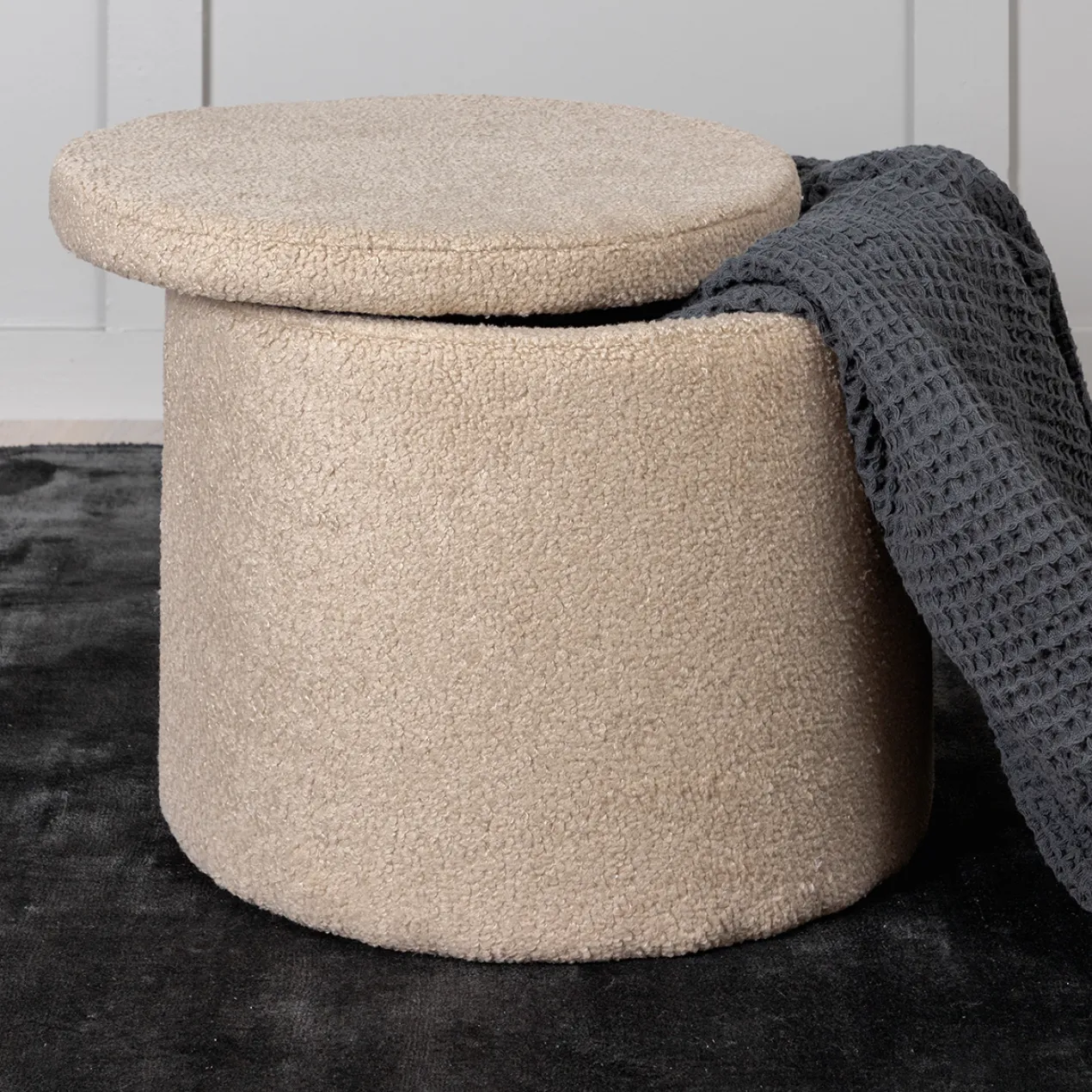 Poef Amelia teddystof met opbergruimte Beige