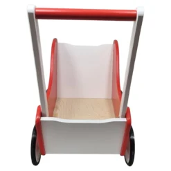 Poppenwagen Hout rood met stippen en witte vlakken