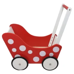 Poppenwagen Hout rood met stippen en witte vlakken