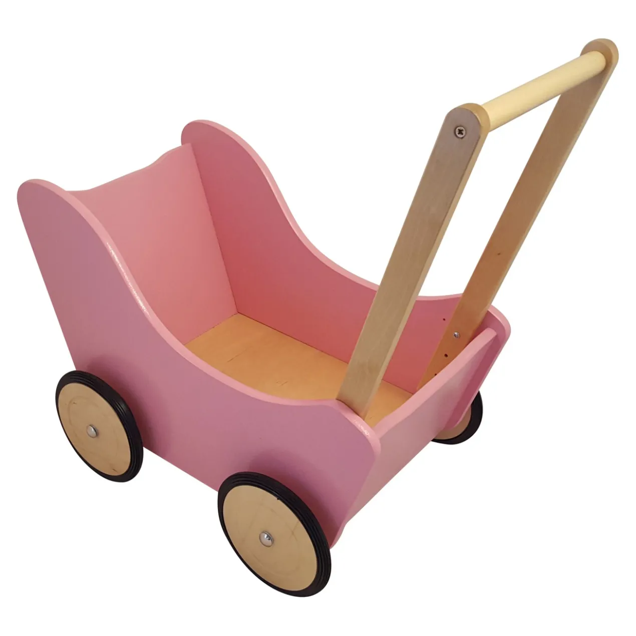 Poppenwagen Hout roze met blanke wielen zonder kap