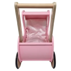 Poppenwagen Hout roze met kap - incl dekje roze wit hart