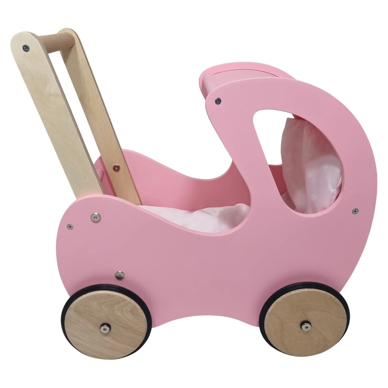 Poppenwagen Hout roze met kap - incl dekje roze wit hart