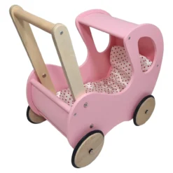 Poppenwagen Hout roze met kap - incl dekje wit roze met hart
